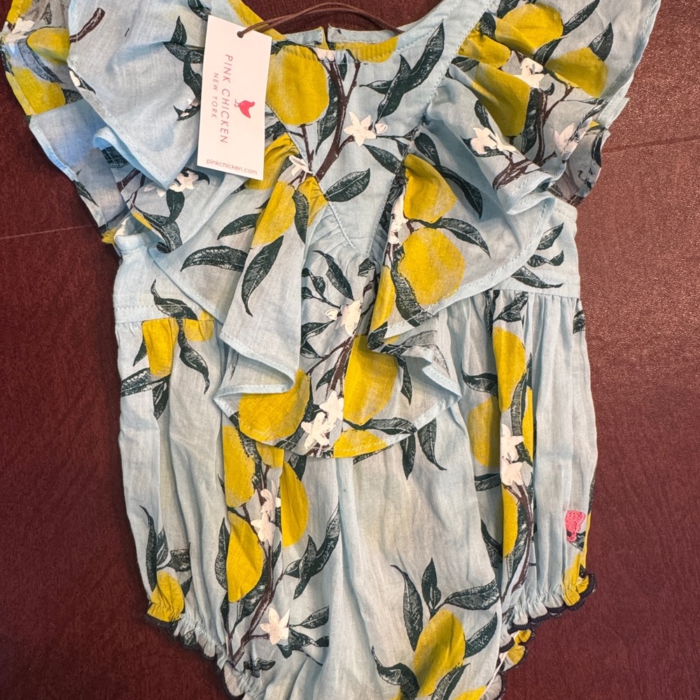 Pink Chicken Lemon Print Ruffle Romper